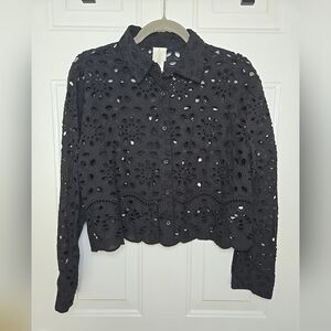 Joie Longsleeve Black Cotton Eyelet Cropped Button Down Top Small NWOT